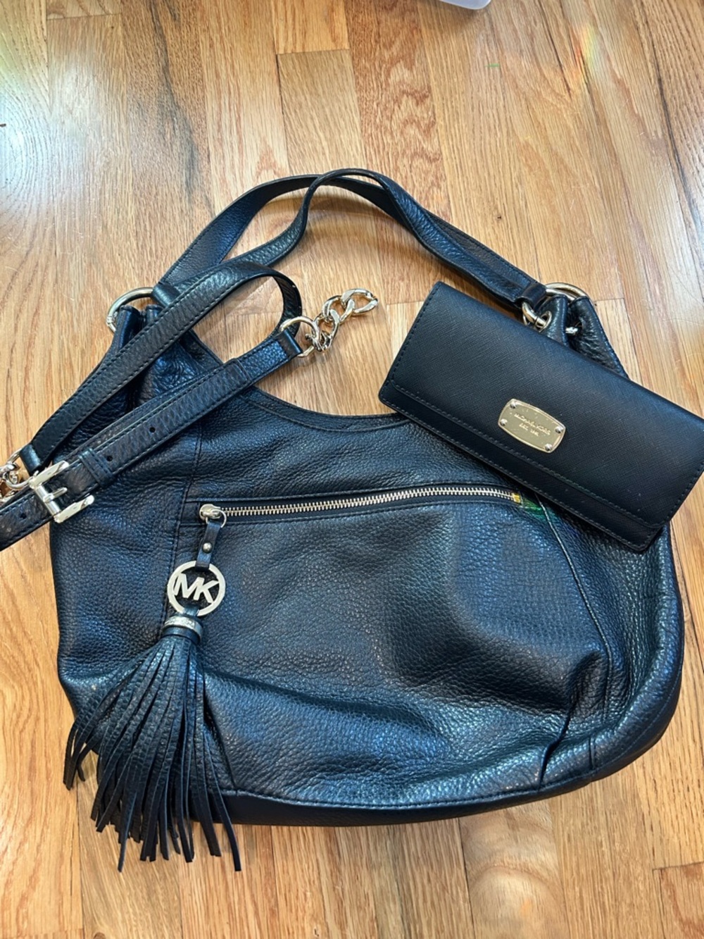 Michael Kors Black Leather Shoulder Hobo with Tassel Charm and Wallet